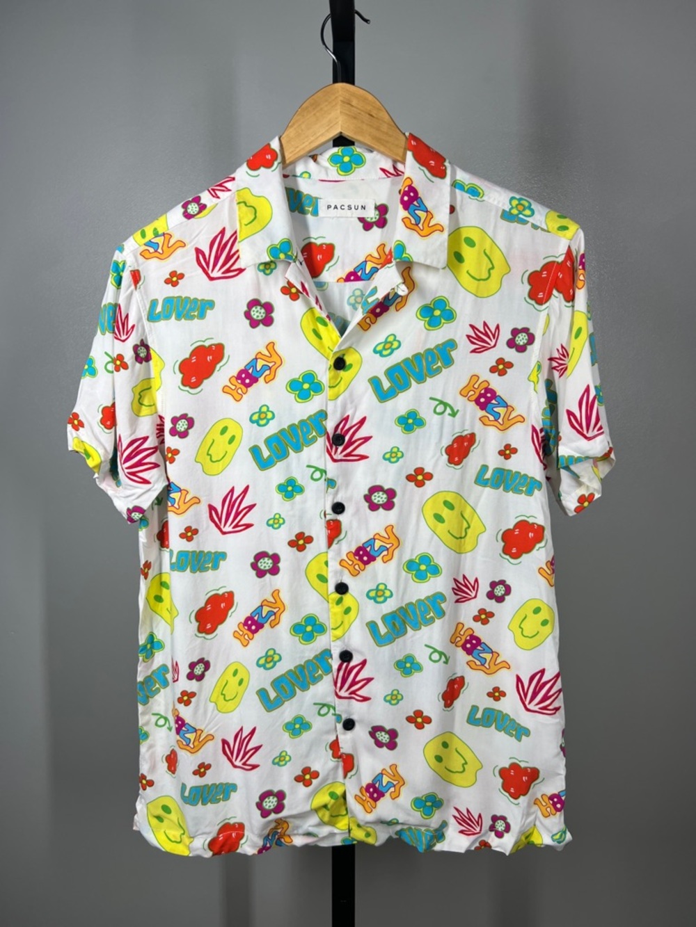 PacSun White Short-Sleeve Graphic Button-Up Shirt - Multicolor